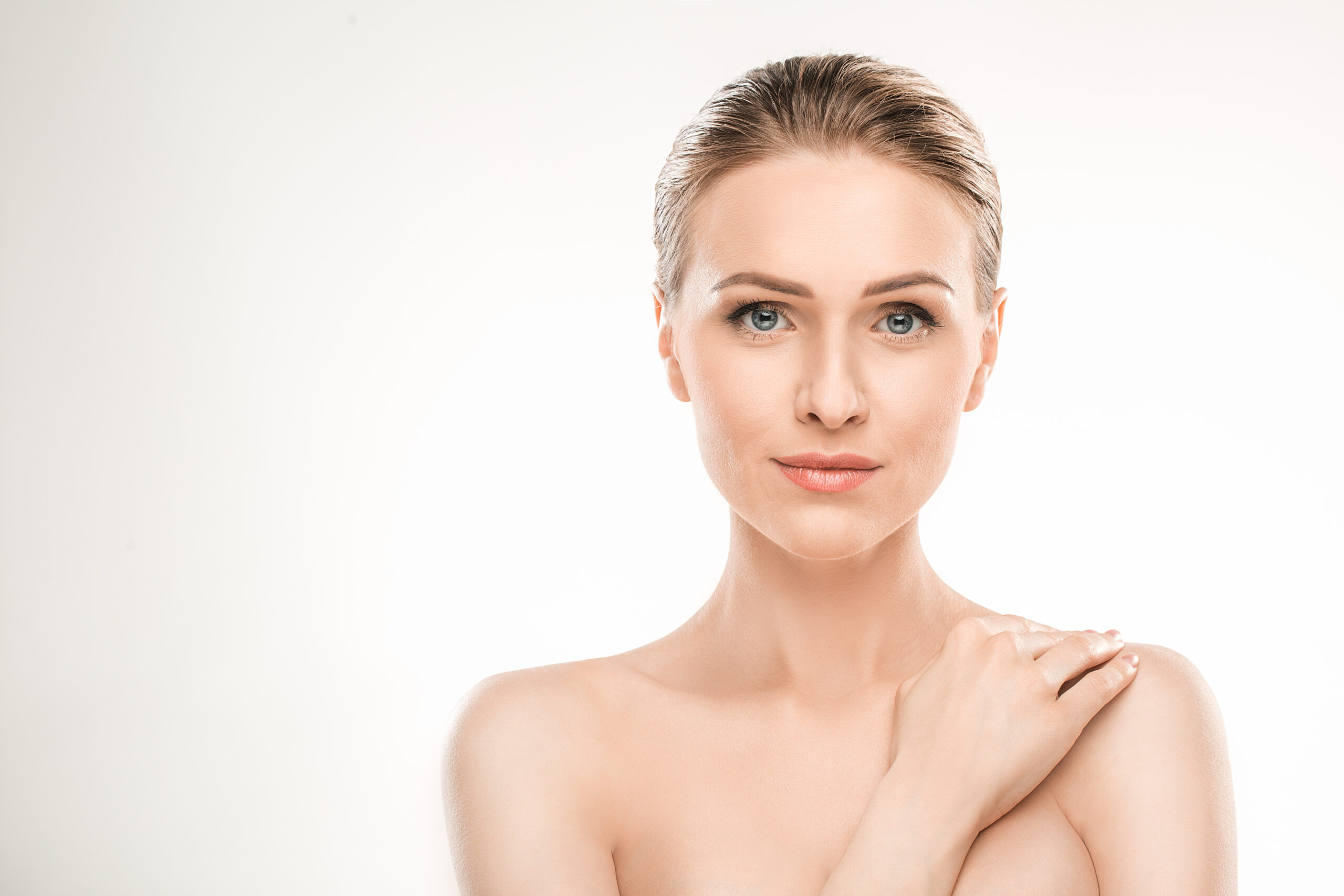 Mature woman beauty health care isolated on white